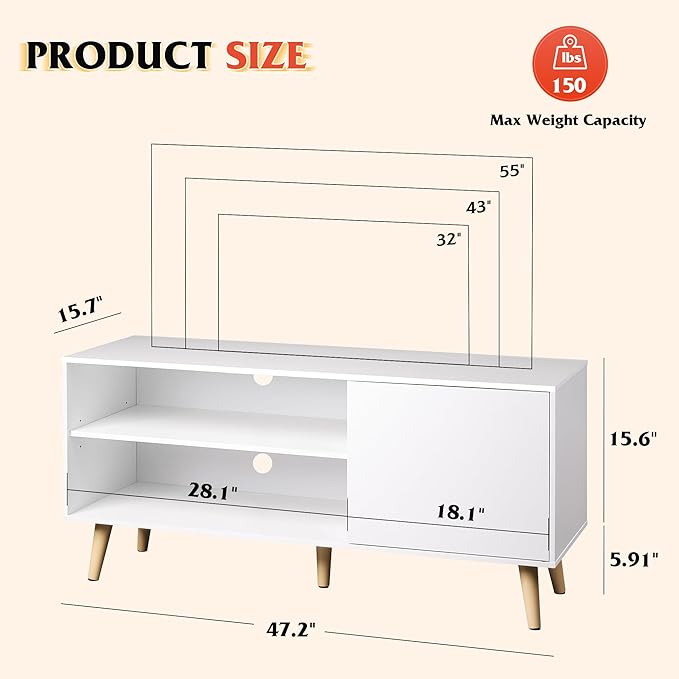 WLIVE Mid-Century Modern TV Stand for 55" TV, Entertainment Center with Storage, Open Shelves TV Console for Living Room and Bedroom, White - LeafyLoom