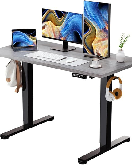 Grey Standing Desk, 48 X 24 Inch Adjustable Height Electric Desk, Sit Stand Desk with 2 Hooks, Ergonomic Rising Desk with Splice Board - LeafyLoom