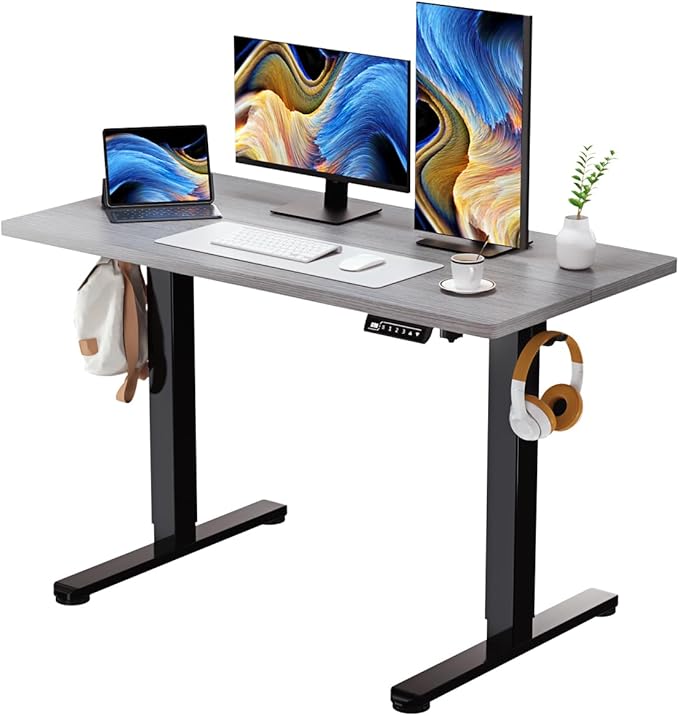 Grey Standing Desk, 48 X 24 Inch Adjustable Height Electric Desk, Sit Stand Desk with 2 Hooks, Ergonomic Rising Desk with Splice Board - LeafyLoom
