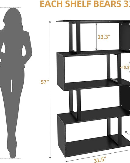YITAHOME 5 Tiers Bookshelf, Modern S-Shaped Z-Shelf Style Bookshelves, Multifunctional Geometric Bookcase Storage Display Shelf for Living Room Bedroom Home Office, Black - LeafyLoom