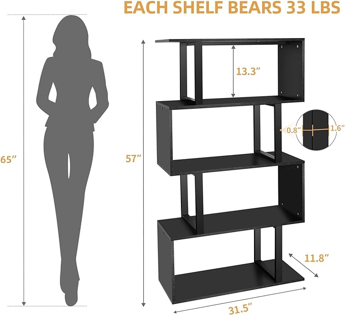 YITAHOME 5 Tiers Bookshelf, Modern S-Shaped Z-Shelf Style Bookshelves, Multifunctional Geometric Bookcase Storage Display Shelf for Living Room Bedroom Home Office, Black - LeafyLoom