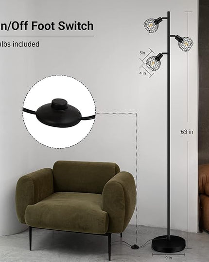 Floor Lamp, Industrial Floor Lamp, Modern Standing lamp with 3 Adjustable Light, 4W E12 LED Bulbs, Metal Stand Up Lamps, Vintage Farmhouse Tree Floor Lamps for Living Room/Bedroom/Office, Black - LeafyLoom