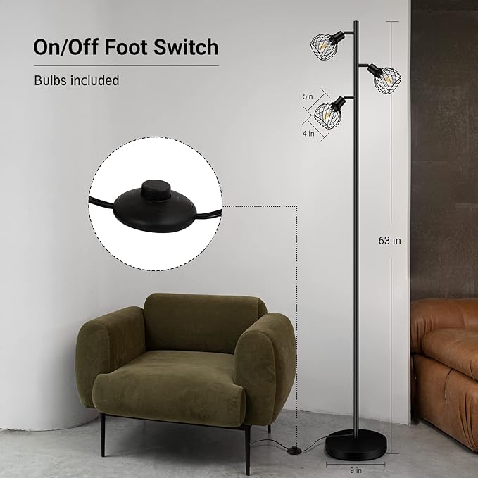 Floor Lamp, Industrial Floor Lamp, Modern Standing lamp with 3 Adjustable Light, 4W E12 LED Bulbs, Metal Stand Up Lamps, Vintage Farmhouse Tree Floor Lamps for Living Room/Bedroom/Office, Black - LeafyLoom