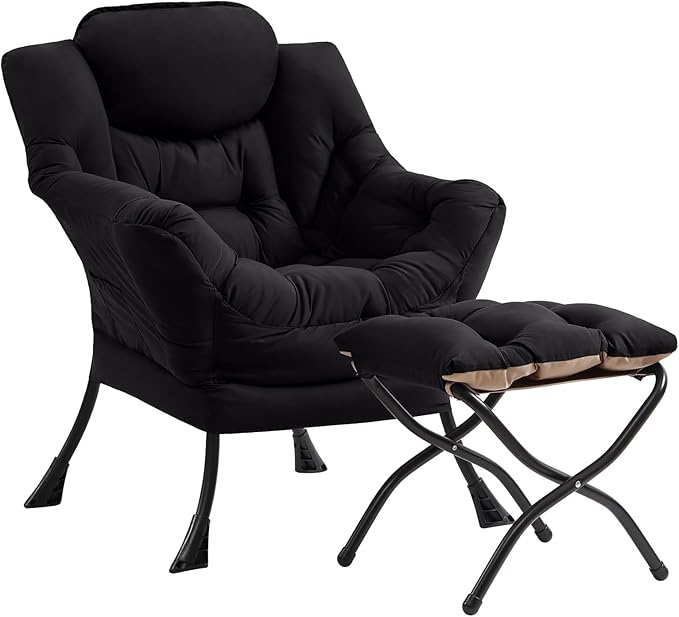 Cozy Lazy Chair and Ottoman, Large Contemporary Accent Lounge Chair Set, Leisure Upholstered Reading Armchair for Bedroom, Living Room, Dorm Rooms, Office - LeafyLoom