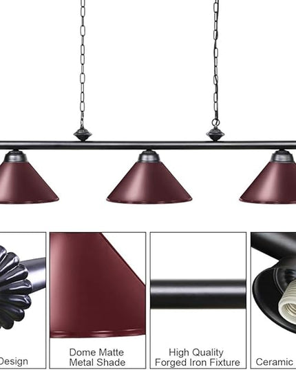 Wellmet Pool Table Lights for 8'/9' Table with 3 Metal Shades, Billiard Lamp for Man Cave, Game Room, Kitchen Island Light for Restaurant Or Dining Room (Burgundy, 59 inch-3 Lights) - LeafyLoom