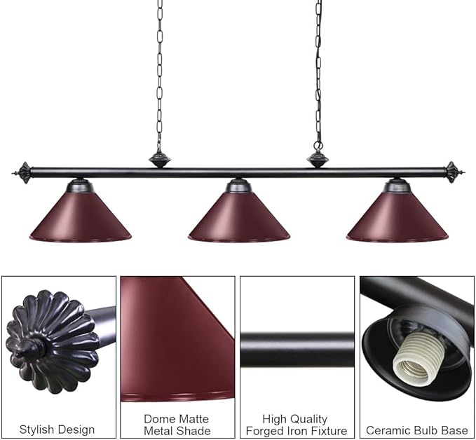 Wellmet Pool Table Lights for 8'/9' Table with 3 Metal Shades, Billiard Lamp for Man Cave, Game Room, Kitchen Island Light for Restaurant Or Dining Room (Burgundy, 59 inch-3 Lights) - LeafyLoom
