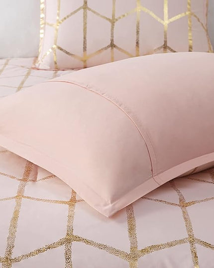Intelligent Design Raina Comforter Microfiber Metallic Print Geometric Design Embroidered Toss Pillow Modern Trendy Casual All Season Bedding Set Matching Sham, Full/Queen, Blush/Gold 5 Piece - LeafyLoom