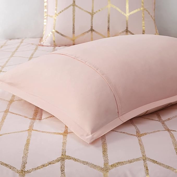 Intelligent Design Raina Comforter Microfiber Metallic Print Geometric Design Embroidered Toss Pillow Modern Trendy Casual All Season Bedding Set Matching Sham, Full/Queen, Blush/Gold 5 Piece - LeafyLoom