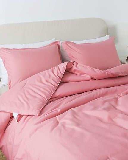 Pink Comforter Set Twin Size, Solid Blush Women Girls Pink Down Alternative Boho Bedding Comforter Set, Breathable Fluffy Microfiber Comforter (68"x90") for All Seasons with Pillowcase - LeafyLoom