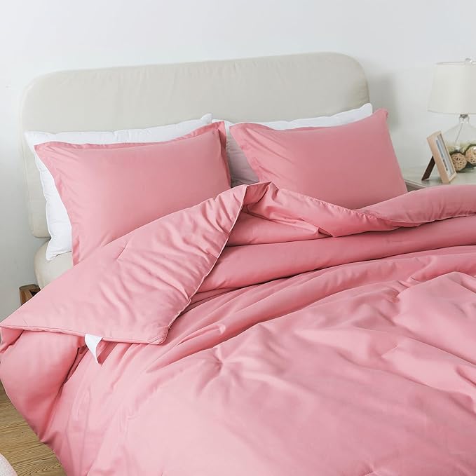 Pink Comforter Set Twin Size, Solid Blush Women Girls Pink Down Alternative Boho Bedding Comforter Set, Breathable Fluffy Microfiber Comforter (68"x90") for All Seasons with Pillowcase - LeafyLoom