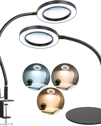NZQXJXZ 2-in-1 Magnifying Glass with Light and Stand 20X 10X Magnifying Lamp with Large Base & Clamp, 72 LEDs, 3 Color Modes and10 Stepless Dimmable, Desk Magnifier for Hobbies, Reading, Jewelry - LeafyLoom