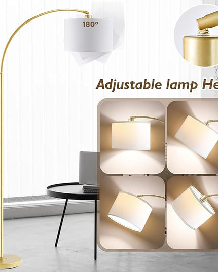 Arc Floor Lamps for Living Room, Modern Standing Lamp Gold Tall Lamp with White Drum Shade, Over Couch Arched Reading Light for Bedroom, Office - LeafyLoom