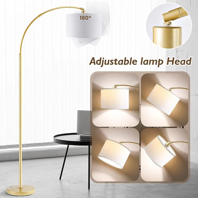 Arc Floor Lamps for Living Room, Modern Standing Lamp Gold Tall Lamp with White Drum Shade, Over Couch Arched Reading Light for Bedroom, Office - LeafyLoom
