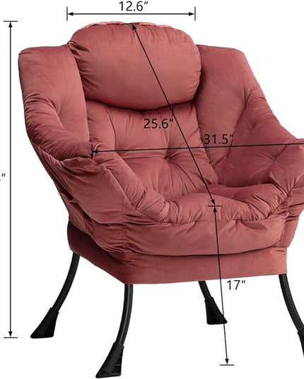 AcozyHom Modern Velvet Fabric Lazy Chair, Accent Cotton Contemporary Lounge Chair, Single Steel Frame Leisure Sofa Chair with Armrests and A Side Pocket, Thick Padded Back, Dusty Rose - LeafyLoom