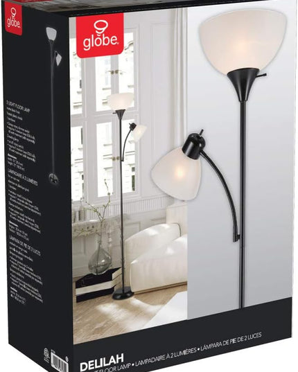 Globe Electric 67135 72" Torchiere Floor Lamp + Adjustable Reading Light, Matte Black, Frosted Plastic Shade, 3-Step Rotary Switch on Socket, Living Room Décor, Reading Light, Home Essentials - LeafyLoom