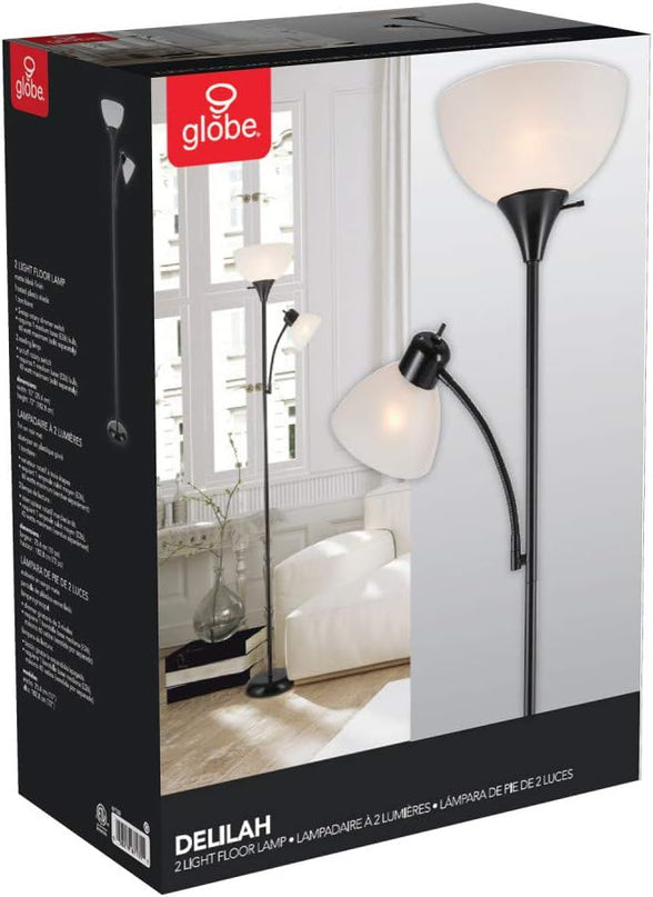 Globe Electric 67135 72" Torchiere Floor Lamp + Adjustable Reading Light, Matte Black, Frosted Plastic Shade, 3-Step Rotary Switch on Socket, Living Room Décor, Reading Light, Home Essentials - LeafyLoom