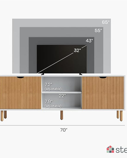 Contemporary Fluted TV Stand - Media Console - 70” Entertainment Center Console Table with Storage for Living Room - Fits 32 to 80" TVs (White and Oak) - LeafyLoom