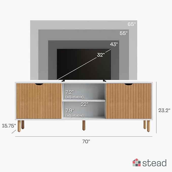 Contemporary Fluted TV Stand - Media Console - 70” Entertainment Center Console Table with Storage for Living Room - Fits 32 to 80" TVs (White and Oak) - LeafyLoom