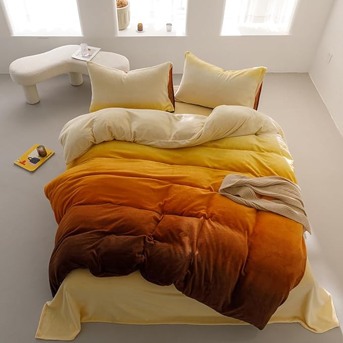 Wellboo Orange Gradient Comforter Sets King Yellow and Orange Velvet Bedding Comforters Women Modern Plain Orange Brown Flannel Quilts Farmhouse Abstract Art Orange Plush Blanket Winter Fuzzy Bed - LeafyLoom