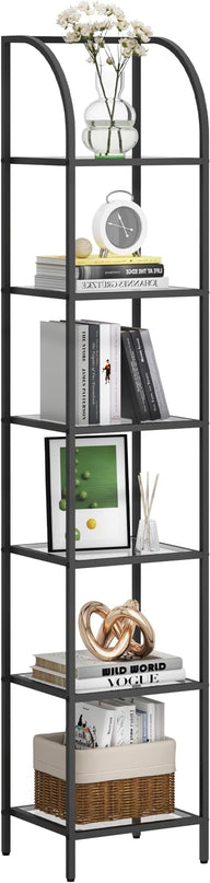 Bookcase Bookshelf, Tempered Glass Arched Bookshelf for More Storage, Slim Shelving Unit for Bedroom, Bathroom, Home Office, Steel Frame, 6 Tier Black BC20699B - LeafyLoom