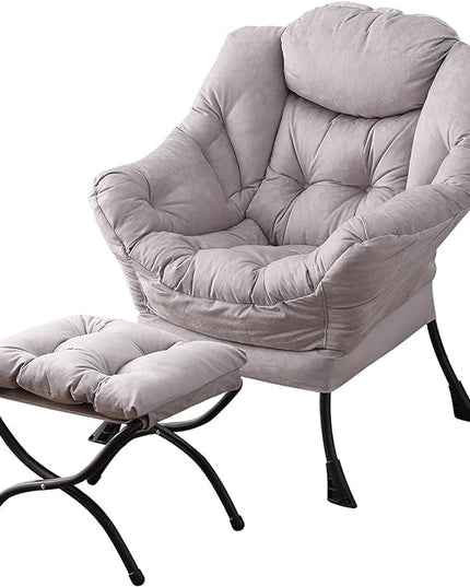 Welnow Lazy Chair with Ottoman, Modern Lounge Accent Chair with Armrests and a Side Pocket, Leisure Upholstered Sofa Chair Reading Chair with Footrest for Small Space, Corner Chair, Light Grey - LeafyLoom