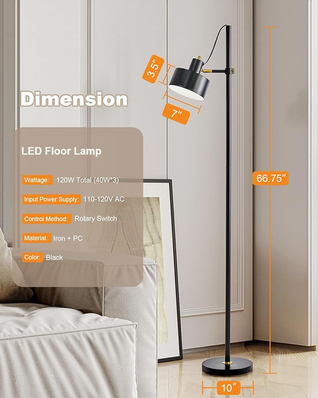 OYEARS Floor Lamp for Living Room Bright Lighting Tall Modern Industrial Vintage Standing Corner Lamps LED Metal Light Office Bedroom Study Gold Black White Matte Accent (1-Light, Black) - LeafyLoom