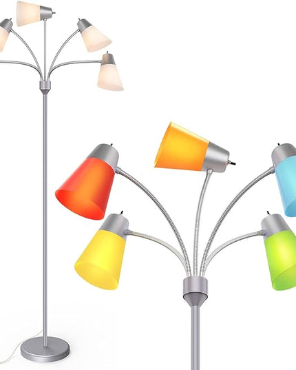 FOLKSMATE LED Floor Lamp, Medusa Multi-Head Modern Tall Standing Lamps, Adjustable Corner Reading Floor Light for Living Room, Bedroom, Kid Room, Classroom, Colored Lampshades, Silver Grey - LeafyLoom