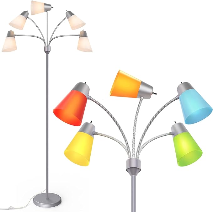 FOLKSMATE LED Floor Lamp, Medusa Multi-Head Modern Tall Standing Lamps, Adjustable Corner Reading Floor Light for Living Room, Bedroom, Kid Room, Classroom, Colored Lampshades, Silver Grey - LeafyLoom