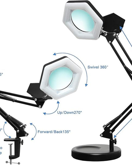 Magnifying Glass with Light and Stand, Dimmable LED Magnifier Desk Lamp with Clamp, 3 Color Modes, Hands Free Magnifying Lights for Close Work, Repair, Swing Arm Magnifying Work Light with Base - LeafyLoom
