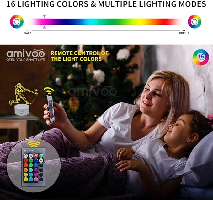 Baseball Night Light for Kids, 16 Colors Changing Baseball Sport Gifts Dimmable Bedside Lamp with Remote Control, Xmas Birthday Gifts for Kids Baseball Fans (Baseball Hitter) - LeafyLoom