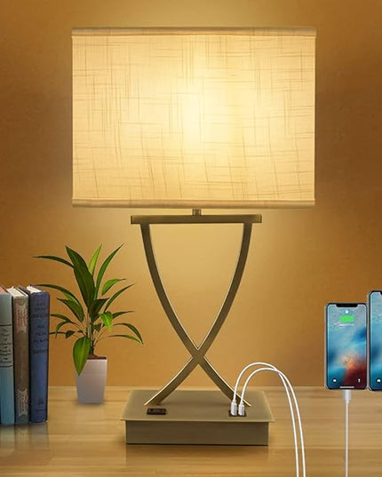 3-Way Dimmable Touch Control Medium Table Lamp with Type C/USB Charging Port and 1 AC Outlet White Shade 21.38" Bedside Nightstand Lamp for Bedroom Living Room Office and Hotel Bulb Included - LeafyLoom