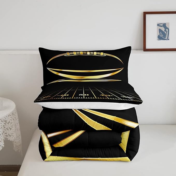 Football Bedding Set Full Kids Rugby Sports Comforter Set American Football Comforter Set for Boys Golden Black Room Decor Lightweight Quilt Set with 2 Pillow Case - LeafyLoom