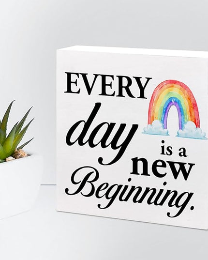 Positive Wood Box Sign Desk Decor,Every Day is a Fresh Beginning Wood Plaque Signs,Rustic Inspirational Wooden Block Sign Decor for Home Office Shelf Table Decoration C1076 - LeafyLoom