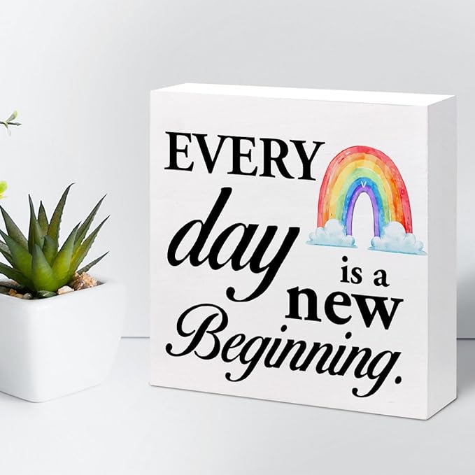 Positive Wood Box Sign Desk Decor,Every Day is a Fresh Beginning Wood Plaque Signs,Rustic Inspirational Wooden Block Sign Decor for Home Office Shelf Table Decoration C1076 - LeafyLoom