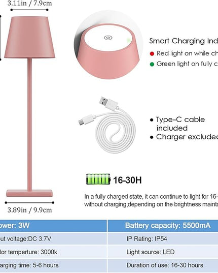 2-Pack LED Cordless Table Lamp, Rechargeable Battery Desk lamp 3W 5500mAh Battery Operated Stepless Dimming Modern Portable Table Light for Restaurant/Bedroom/Outdoor IP54 Waterproof (Pink) - LeafyLoom