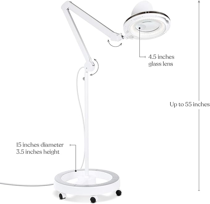 Brightech LightView Pro Magnifying Glass with Light and Stand, Magnifying Floor Lamp with a 6-Wheel Rolling Base for Facials, Lash Estheticians, Dimmable LED Work Light for Sewing, Crafts - LeafyLoom