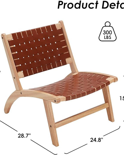 Modern Leather Accent Chairs for Living Room, Mid Century Lounge Chair, Side Brown Leather Chair Indoor Boho Scandinavian Cognac Woven Rattan Faux Leather Accent Chair - LeafyLoom