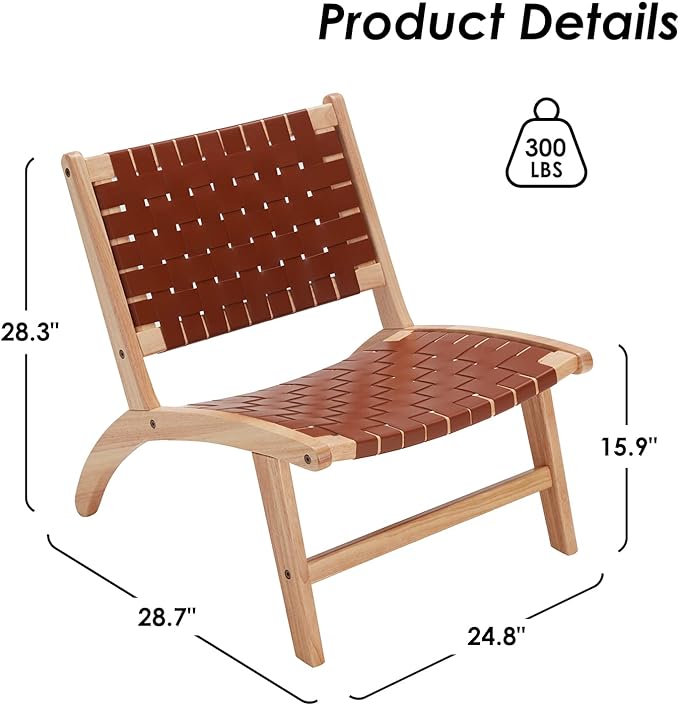 Modern Leather Accent Chairs for Living Room, Mid Century Lounge Chair, Side Brown Leather Chair Indoor Boho Scandinavian Cognac Woven Rattan Faux Leather Accent Chair - LeafyLoom