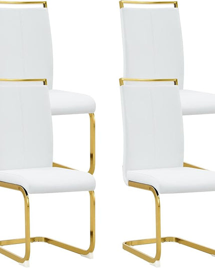 Modern Dining Chairs Set of 4, Side Dining Room Chairs with Golden Legs, Kitchen Chairs with Faux Leather Padded Seat High Back, Chairs for Dining Room,Kitchen, Living Room White - LeafyLoom