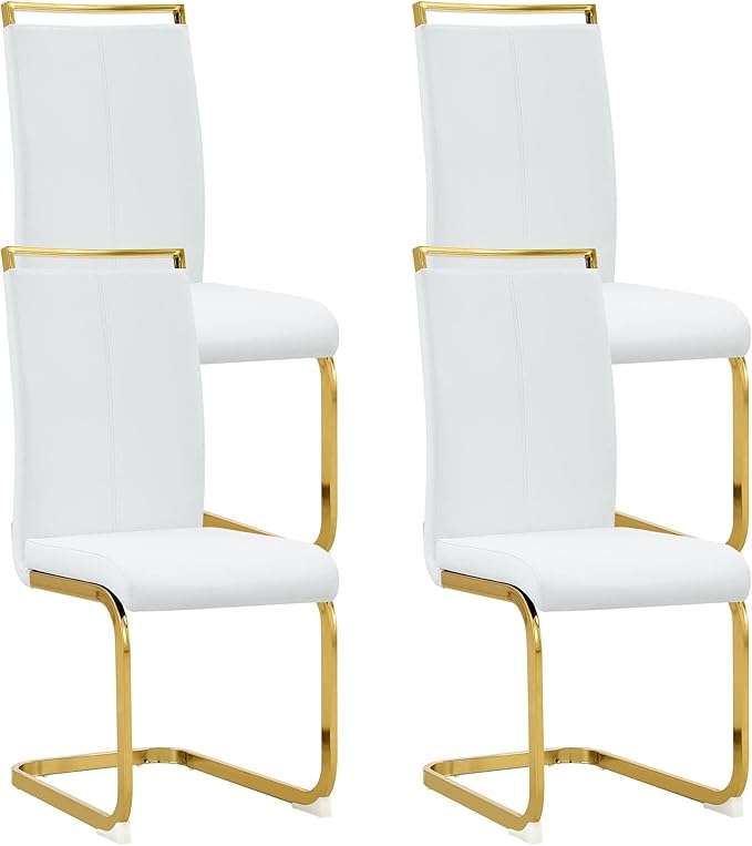 Modern Dining Chairs Set of 4, Side Dining Room Chairs with Golden Legs, Kitchen Chairs with Faux Leather Padded Seat High Back, Chairs for Dining Room,Kitchen, Living Room White - LeafyLoom