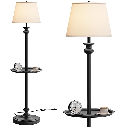 DWVO Floor Lamp with Tray, Retro Style 57'' Metal End Floor Lamp with Linen Shade, Weighted Base, and ON/OFF Rotary Switch for Bedroom, Living Room, Office, Study, Office (Bulbs not Included) - LeafyLoom