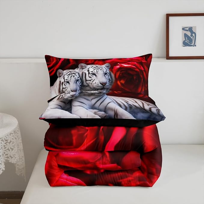 Tiger Comforter Set Twin, Red Rose Down Comforter Kids Girls Women,Red Image of Large Cat Playing with Water Cool Nature Animal Quilted Duvet Insert Gorgeous Floral Flower Bedding Comforters,Brown - LeafyLoom