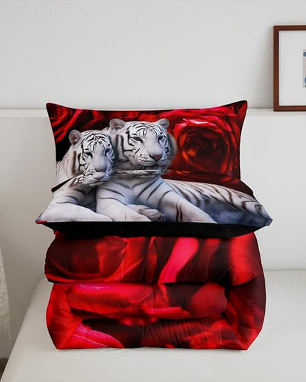 Tiger Comforter Set Full, Red Rose Down Comforter Kids Girls Women,Red Image of Large Cat Playing with Water Cool Nature Animal Quilted Duvet Insert Gorgeous Floral Flower Bedding Comforters,Brown - LeafyLoom