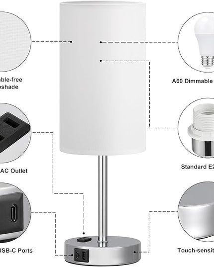 Touch Bedside Lamp - White, 3-Way Dimmable, USB A + C Charging, AC Outlet, 17.4inch Medium - LeafyLoom