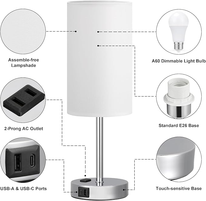 Touch Bedside Lamp - White, 3-Way Dimmable, USB A + C Charging, AC Outlet, 17.4inch Medium - LeafyLoom