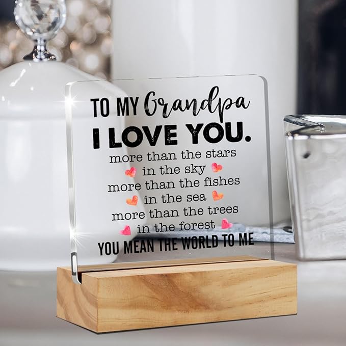 Gifts for Grandfather Papa from Grandson Granddaughter, to My Grandpa Desk Decor Acrylic Desk Plaque Sign with Wood Stand Home Office Desk Sign Keepsake Father's Day Present - LeafyLoom