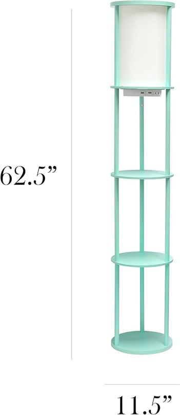 Simple Designs LF2010-AQU 62.5" Round Modern Shelf Etagere Organizer Storage Floor Lamp with 2 USB Charging Ports, 1 Charging Outlet and Linen Shade for Living Room Bedroom, Aqua, 11.5 x 11.5 x 62.5 - LeafyLoom