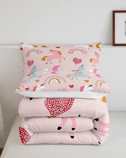 Feelyou Girls Unicorn Comforter Set Queen Size Kids Cute Pink Rainbow Horse Decor Comforter for Unicorn Lover Daughter Bedding Set Boho Star Moon Duvet Set (1 Comforter + 2 Pillowcases, Queen) - LeafyLoom