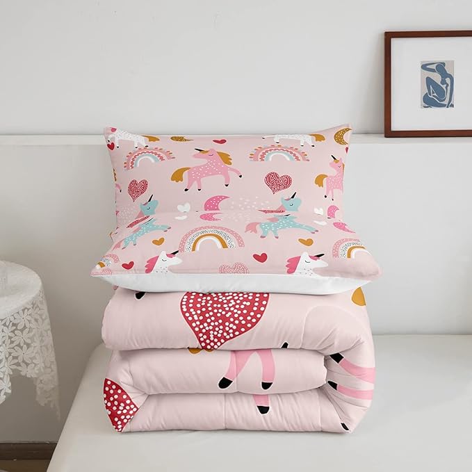 Feelyou Unicorn Comforter Set Kids Cute Cartoon Unicorns Decor Comforter for Girls Pink Bedding Set Rainbow Duvet Set King Size Quilt Boys - LeafyLoom