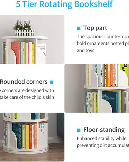 Nisorpa 5 Tier Rotating Bookshelf, 360° Revolving Bookcase Rotating Stackable Shelves Floor-Standing Storage Display Rack Used in Bedrooms Living Rooms Study Office (63"x18"x18") - LeafyLoom